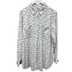 CHICOS Button Up Blouse Size 12 /14 (Chicos 2) Cream Black Script Modern Print